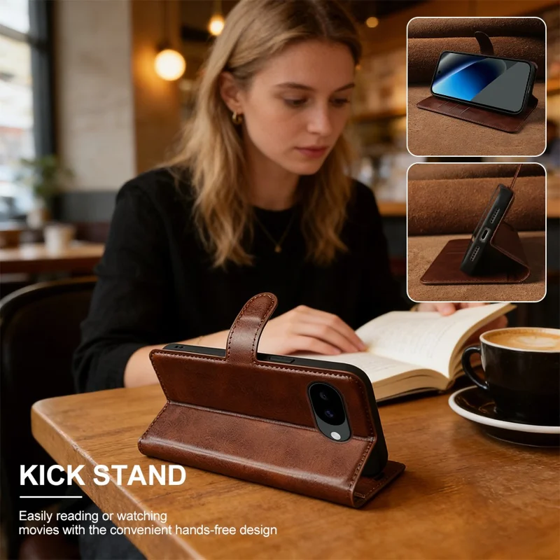 For Google Pixel 10a Case Stand Wallet Calf Texture PU Leather Flip Phone Cover - Brown