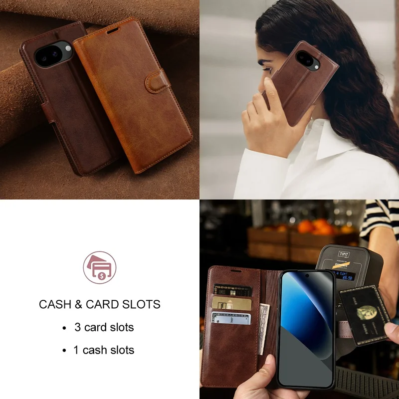 For Google Pixel 10a Case Stand Wallet Calf Texture PU Leather Flip Phone Cover - Brown