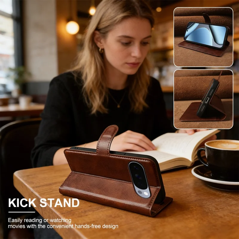 For Google Pixel 10 Pro  /  10  /  9 Pro  /  9 Case Stand Wallet Calf Texture PU Leather Flip Phone Cover - Brown