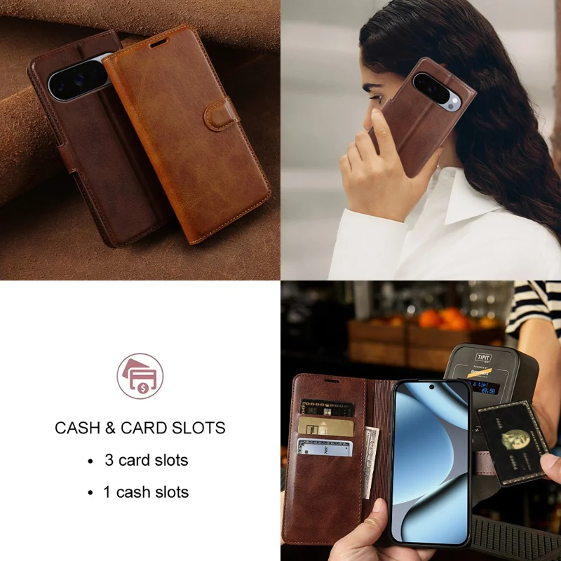 For Google Pixel 10 Pro  /  10  /  9 Pro  /  9 Case Stand Wallet Calf Texture PU Leather Flip Phone Cover - Brown