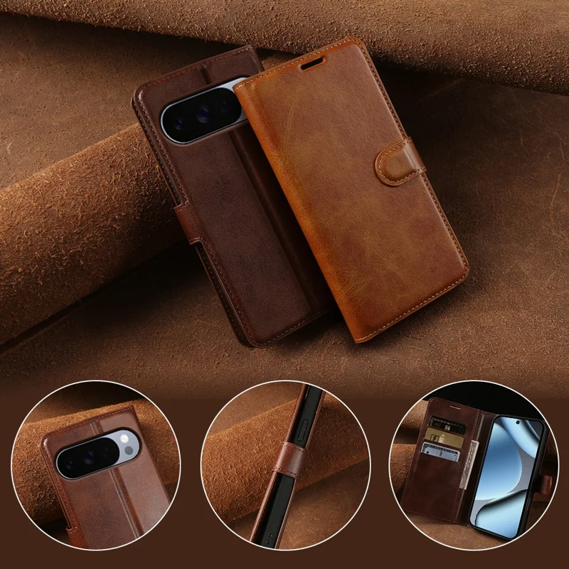 For Google Pixel 10 Pro  /  10  /  9 Pro  /  9 Case Stand Wallet Calf Texture PU Leather Flip Phone Cover - Brown