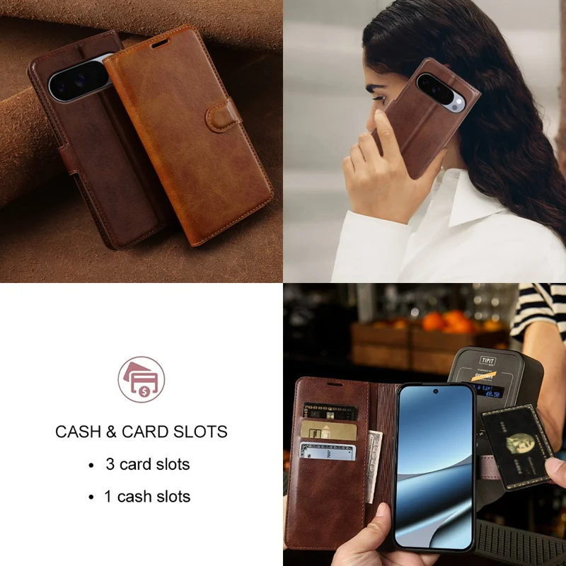 For Google Pixel 10 Pro XL Case Stand Wallet Calf Texture PU Leather Flip Phone Cover - Brown