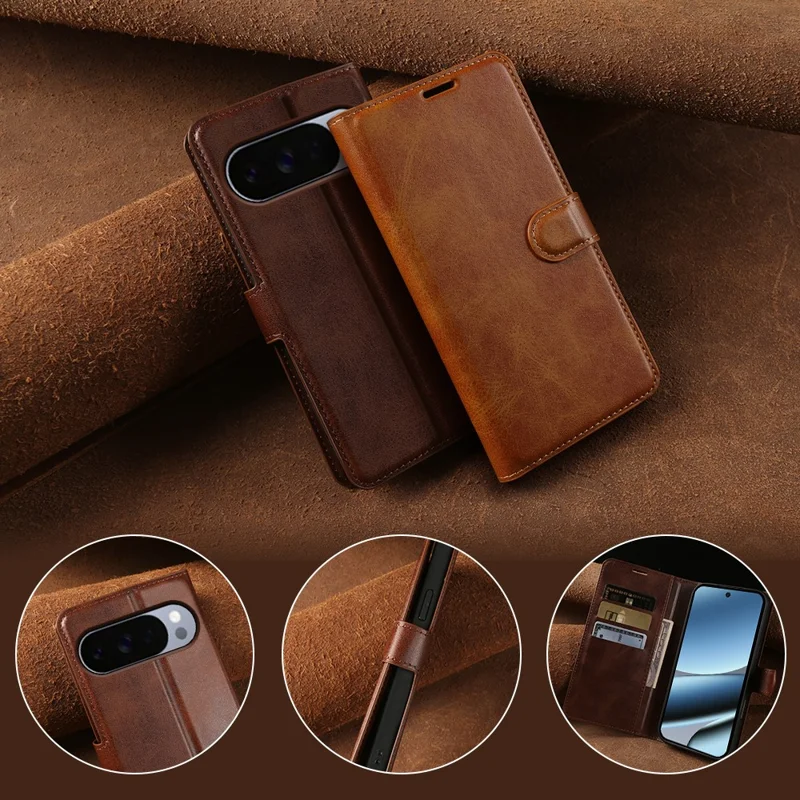 For Google Pixel 10 Pro XL Case Stand Wallet Calf Texture PU Leather Flip Phone Cover - Brown