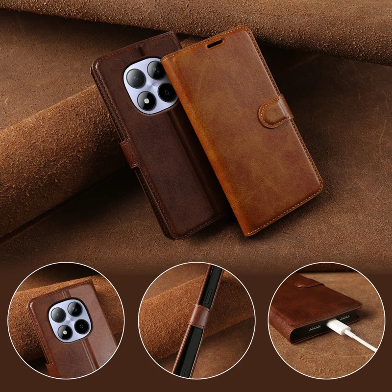 For Xiaomi Redmi Note 15 Pro 5G (Global) Case Stand Wallet Calf Texture PU Leather Flip Phone Cover - Brown