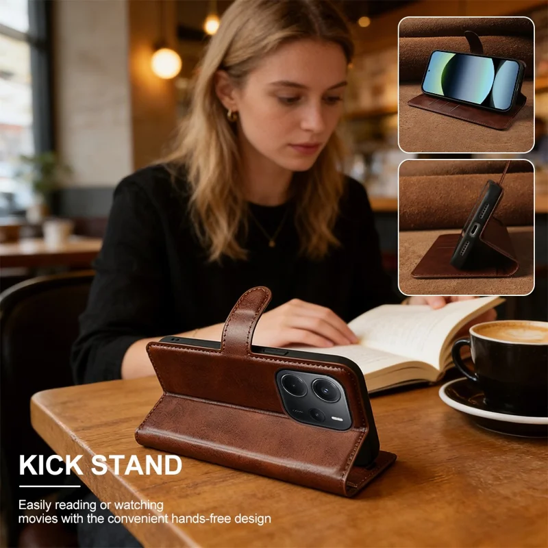 For Xiaomi Redmi Note 14 4G (164.84mm) Case Stand Wallet Calf Texture PU Leather Flip Phone Cover - Brown