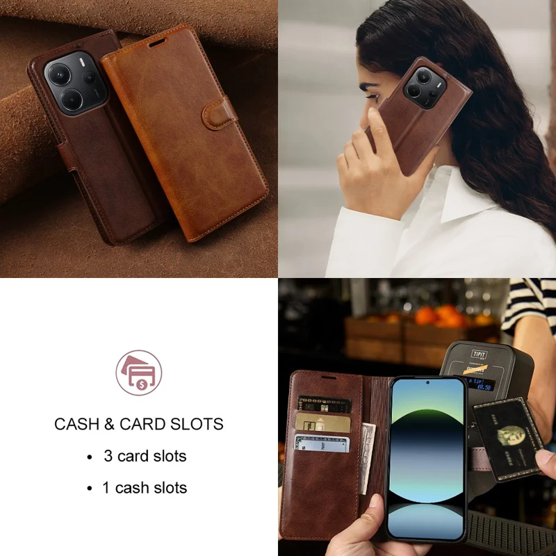For Xiaomi Redmi Note 14 4G (164.84mm) Case Stand Wallet Calf Texture PU Leather Flip Phone Cover - Brown