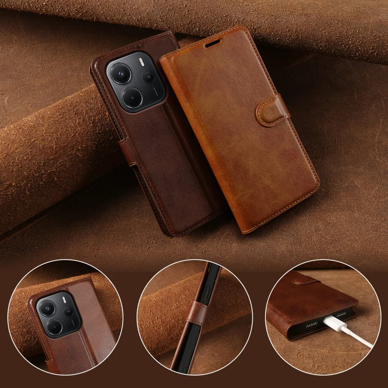 For Xiaomi Redmi Note 14 4G (164.84mm) Case Stand Wallet Calf Texture PU Leather Flip Phone Cover - Brown