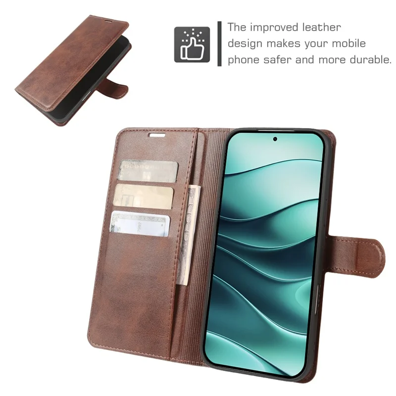 Cover per Xiaomi Redmi Note 14 5G con Supporto e Portafoglio, Custodia Pieghevole in Vera Pelle con Texture a Vitello - Marrone