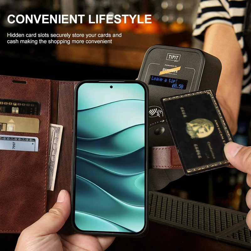 Cover per Xiaomi Redmi Note 14 5G con Supporto e Portafoglio, Custodia Pieghevole in Vera Pelle con Texture a Vitello - Marrone