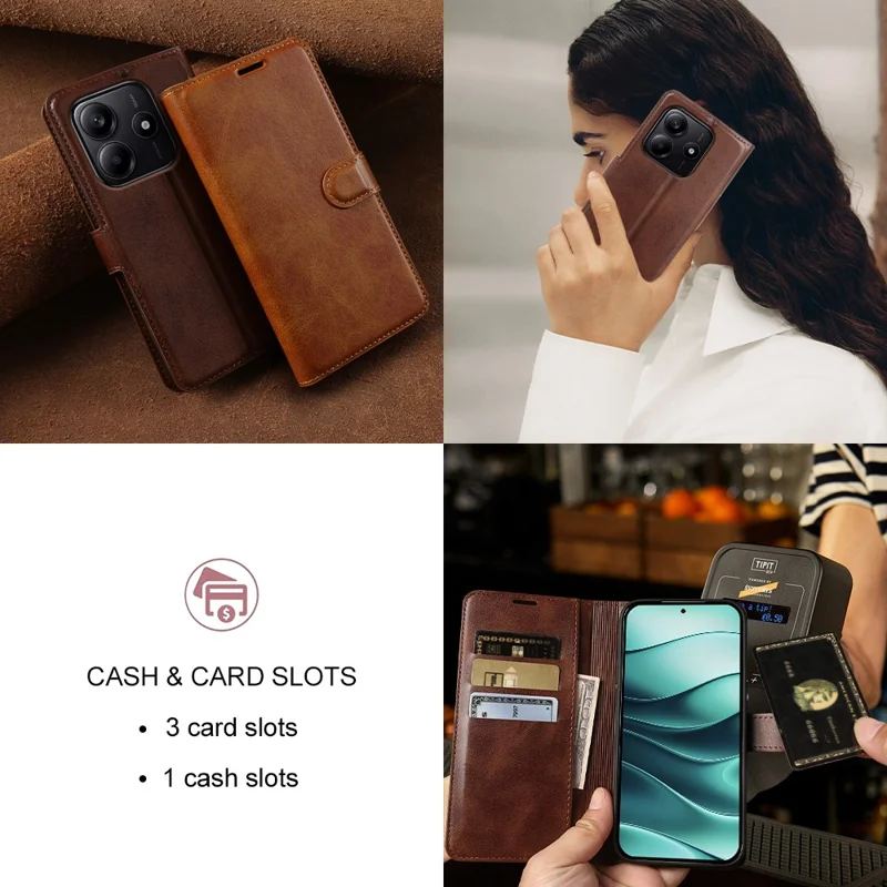 Cover per Xiaomi Redmi Note 14 5G con Supporto e Portafoglio, Custodia Pieghevole in Vera Pelle con Texture a Vitello - Marrone