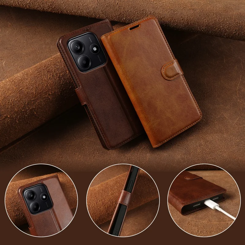 Cover per Xiaomi Redmi Note 14 5G con Supporto e Portafoglio, Custodia Pieghevole in Vera Pelle con Texture a Vitello - Marrone