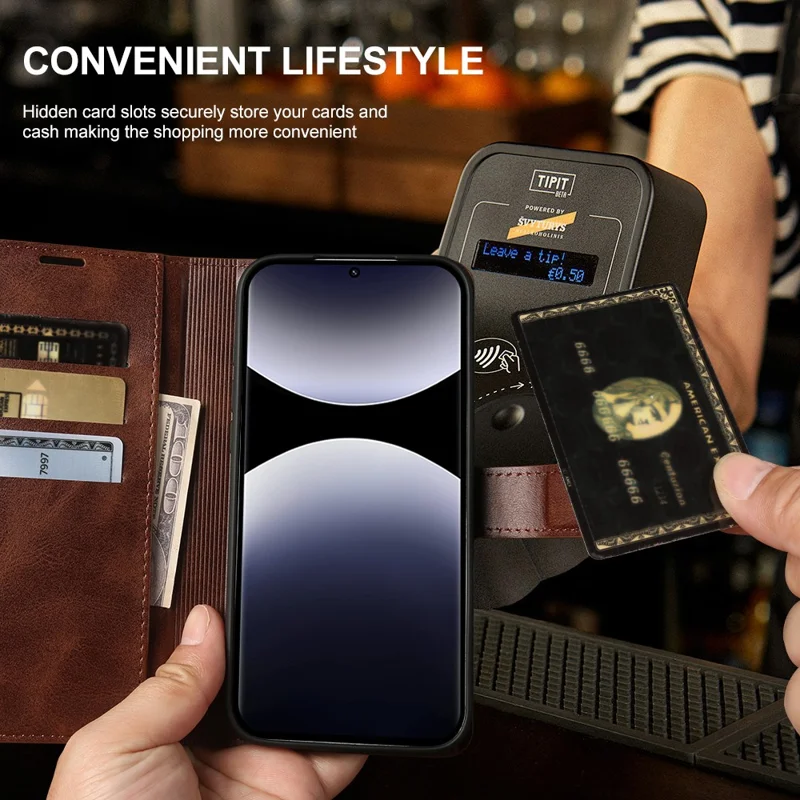 Flip Case med stående funktion til Xiaomi Redmi Note 14 Pro 5G / Poco X7 5G, pung i kujskindlignende PU-læder - Brun