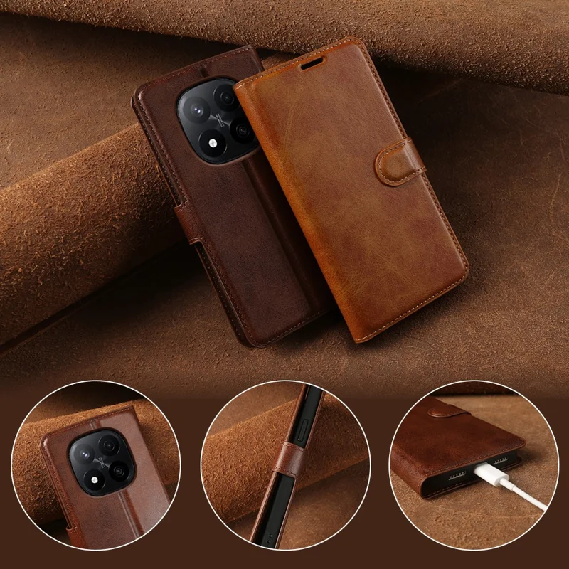 Flip Case med stående funktion til Xiaomi Redmi Note 14 Pro 5G / Poco X7 5G, pung i kujskindlignende PU-læder - Brun