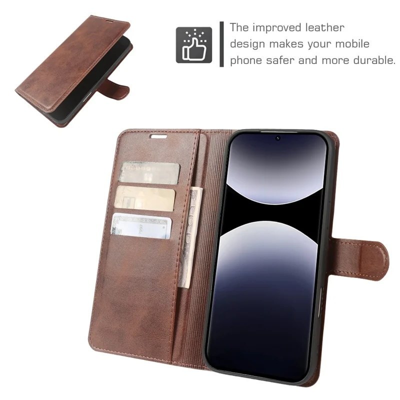 Flip Case med stå og wallet til Xiaomi Redmi Note 14 Pro+ 5G, ku-skindlignende PU-læder, brunt
