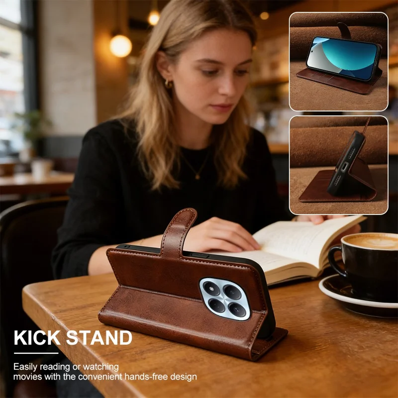 For Xiaomi Redmi Note 15 Pro 4G (Global) Case Stand Wallet Calf Texture PU Leather Flip Phone Cover - Brown