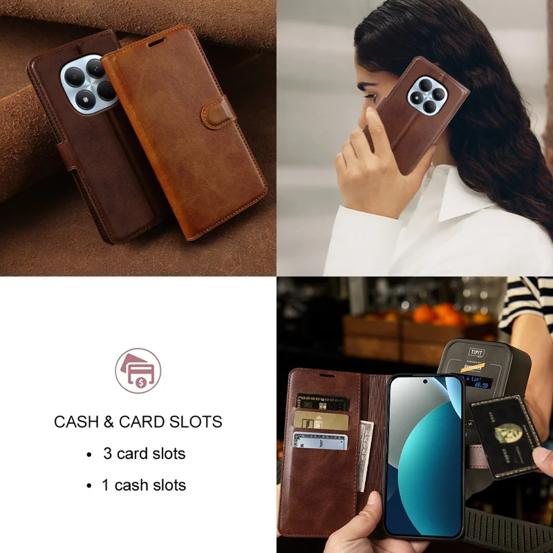 For Xiaomi Redmi Note 15 Pro 4G (Global) Case Stand Wallet Calf Texture PU Leather Flip Phone Cover - Brown