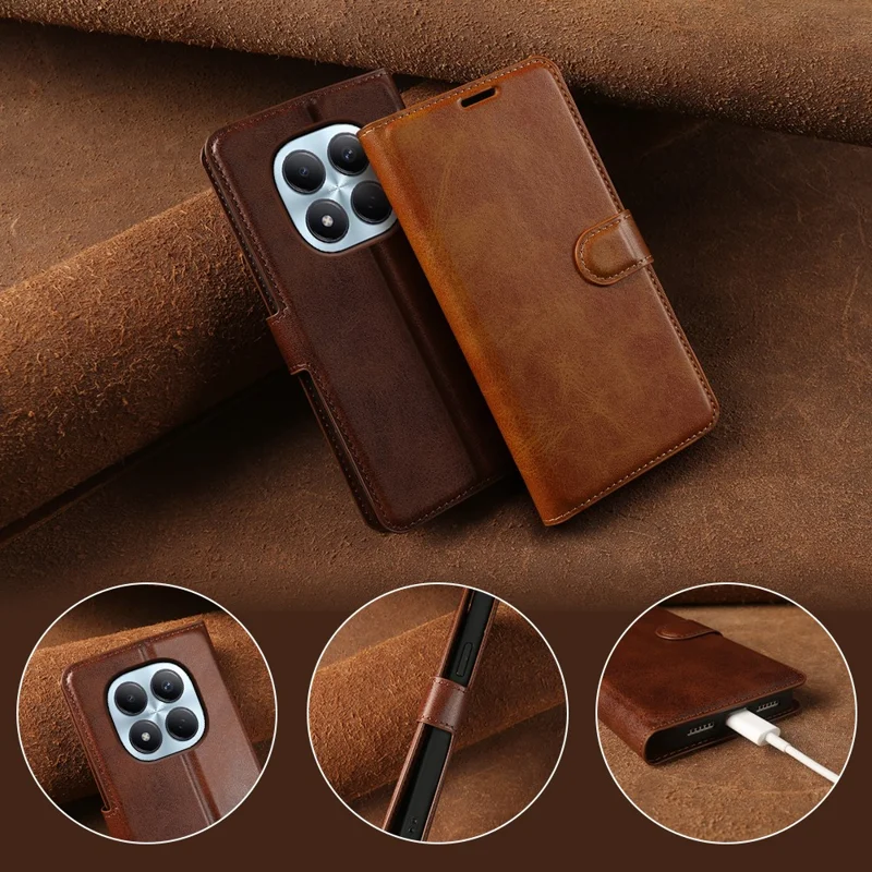For Xiaomi Redmi Note 15 Pro 4G (Global) Case Stand Wallet Calf Texture PU Leather Flip Phone Cover - Brown