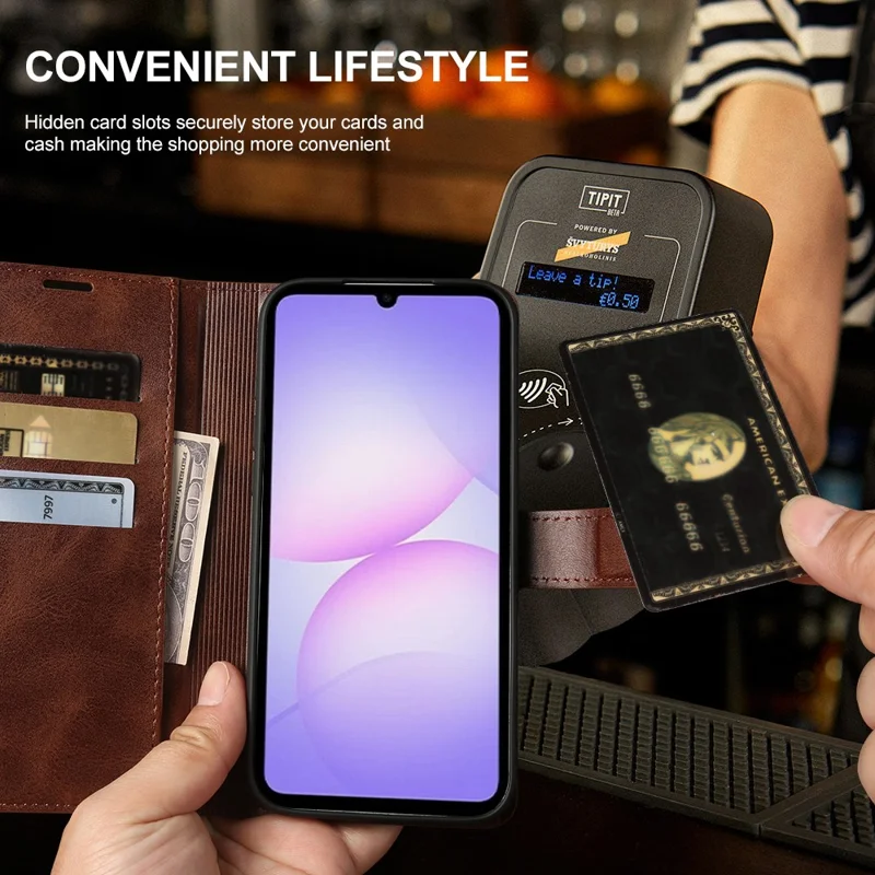 For Samsung Galaxy A07 5G Case Stand Wallet Calf Texture PU Leather Flip Phone Cover - Brown