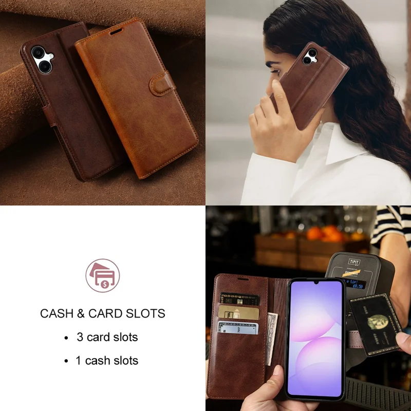 For Samsung Galaxy A07 5G Case Stand Wallet Calf Texture PU Leather Flip Phone Cover - Brown