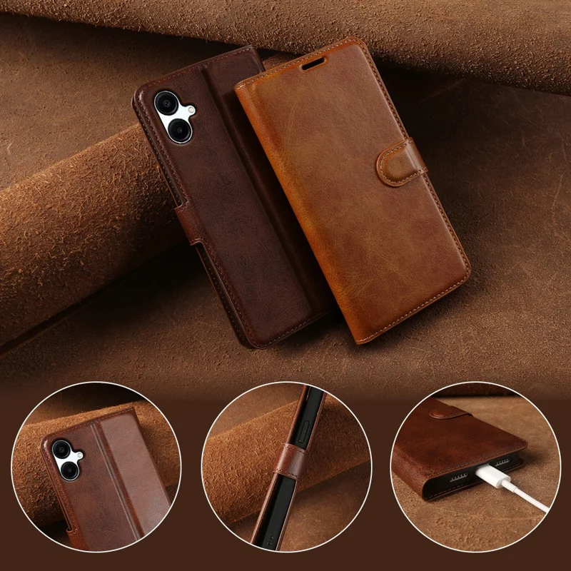 For Samsung Galaxy A07 5G Case Stand Wallet Calf Texture PU Leather Flip Phone Cover - Brown