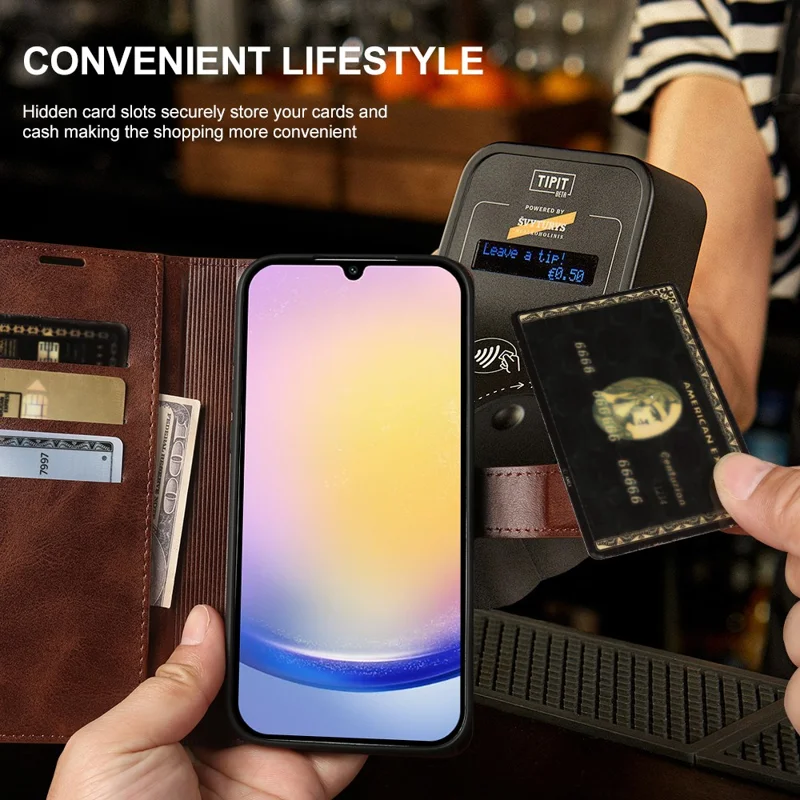 For Samsung Galaxy A25 5G (Global) (161mm) Case Stand Wallet Calf Texture PU Leather Flip Phone Cover - Brown