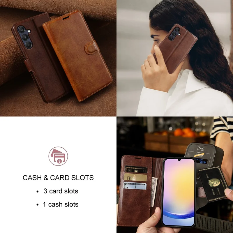 For Samsung Galaxy A25 5G (Global) (161mm) Case Stand Wallet Calf Texture PU Leather Flip Phone Cover - Brown