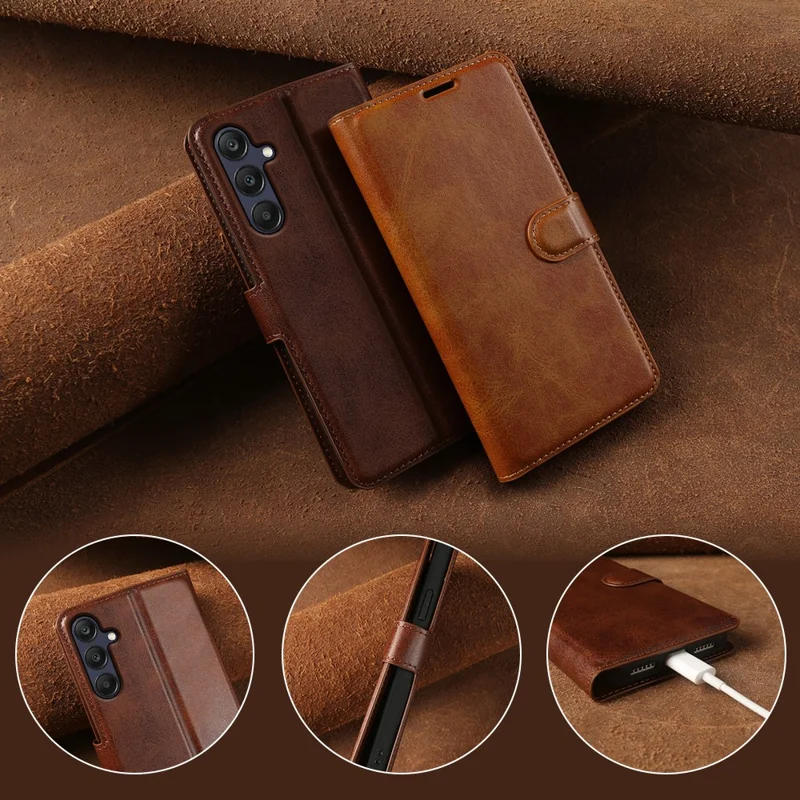 Cover per Samsung Galaxy A26 5G con Supporto, Portafoglio, Pelle PU con Texture di Vitello, Chiusura a Libro - Marrone