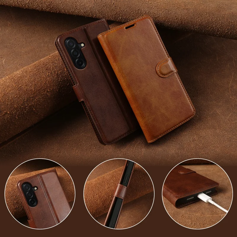 For Samsung Galaxy A27 Case Stand Wallet Calf Texture PU Leather Flip Phone Cover - Brown