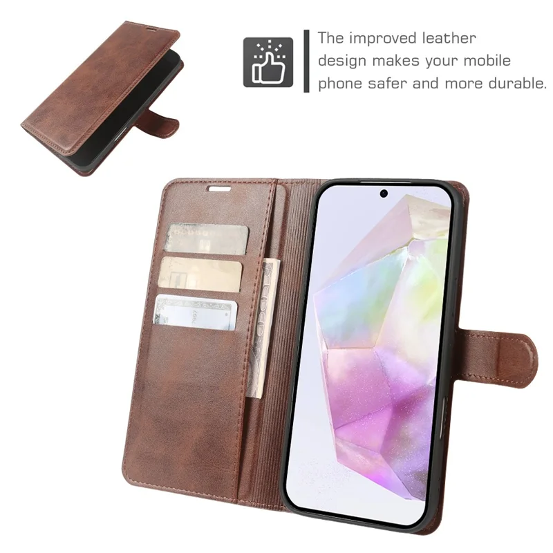 For Samsung Galaxy A35 5G Case Stand Wallet Calf Texture PU Leather Flip Phone Cover - Brown