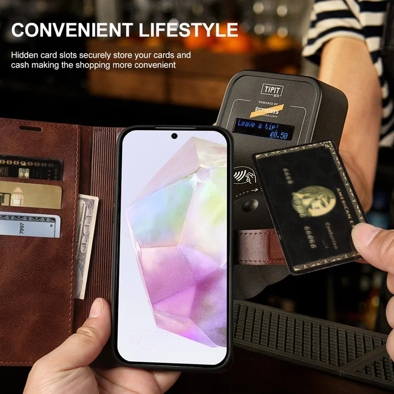 For Samsung Galaxy A35 5G Case Stand Wallet Calf Texture PU Leather Flip Phone Cover - Brown