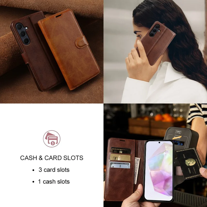 For Samsung Galaxy A35 5G Case Stand Wallet Calf Texture PU Leather Flip Phone Cover - Brown