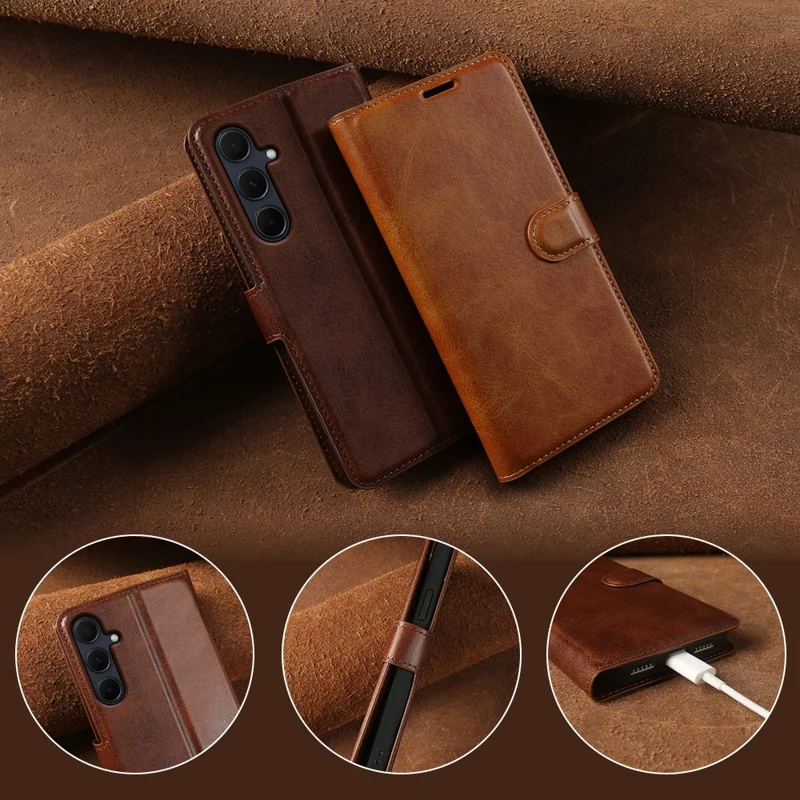 For Samsung Galaxy A35 5G Case Stand Wallet Calf Texture PU Leather Flip Phone Cover - Brown