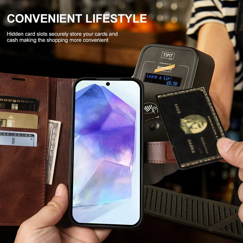 For Samsung Galaxy A55 5G Case Stand Wallet Calf Texture PU Leather Flip Phone Cover - Brown