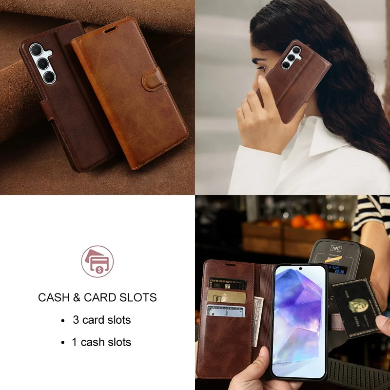 For Samsung Galaxy A55 5G Case Stand Wallet Calf Texture PU Leather Flip Phone Cover - Brown