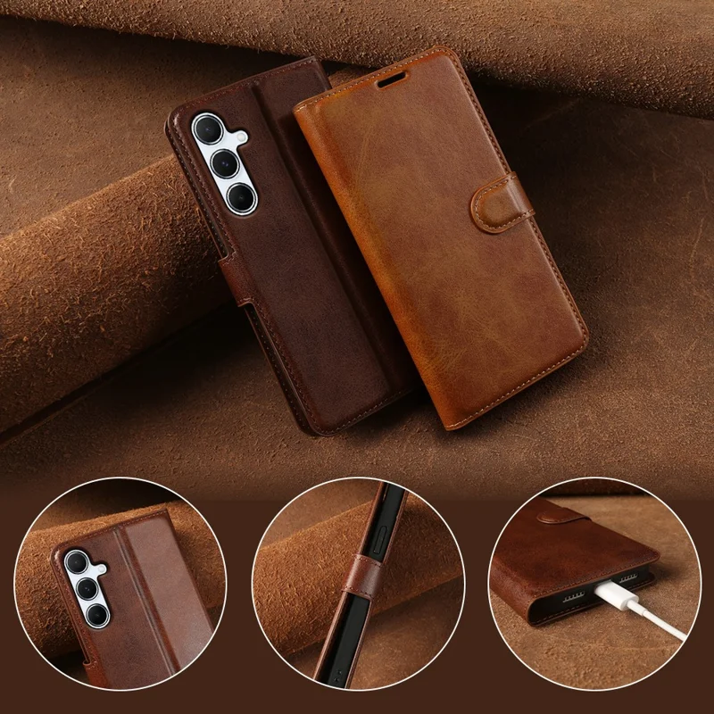 For Samsung Galaxy A55 5G Case Stand Wallet Calf Texture PU Leather Flip Phone Cover - Brown