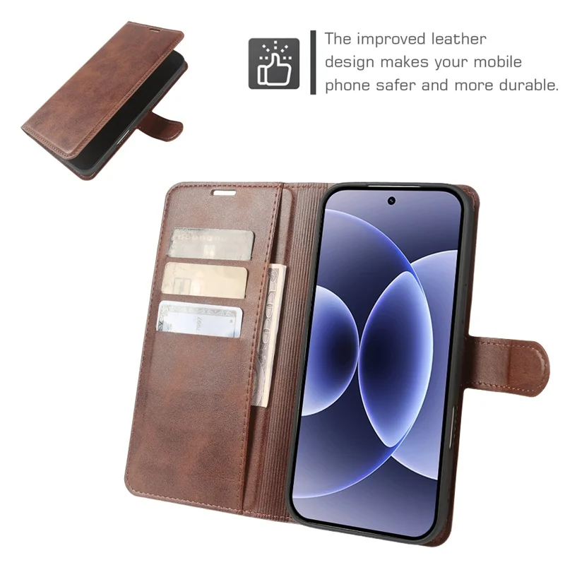 For Xiaomi 17 Case Stand Wallet Calf Texture PU Leather Flip Phone Cover - Brown