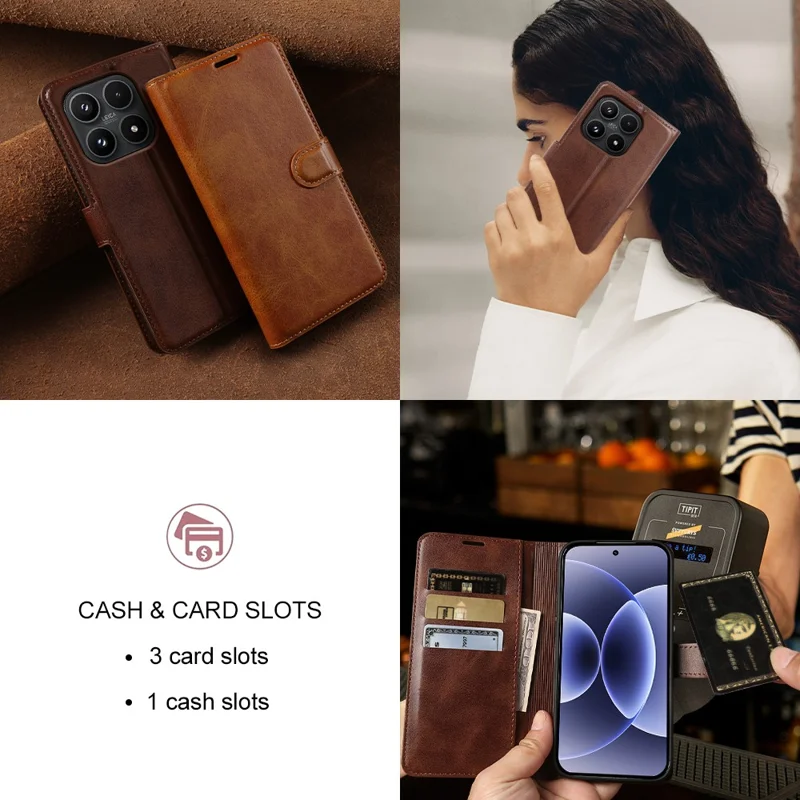 For Xiaomi 17 Case Stand Wallet Calf Texture PU Leather Flip Phone Cover - Brown