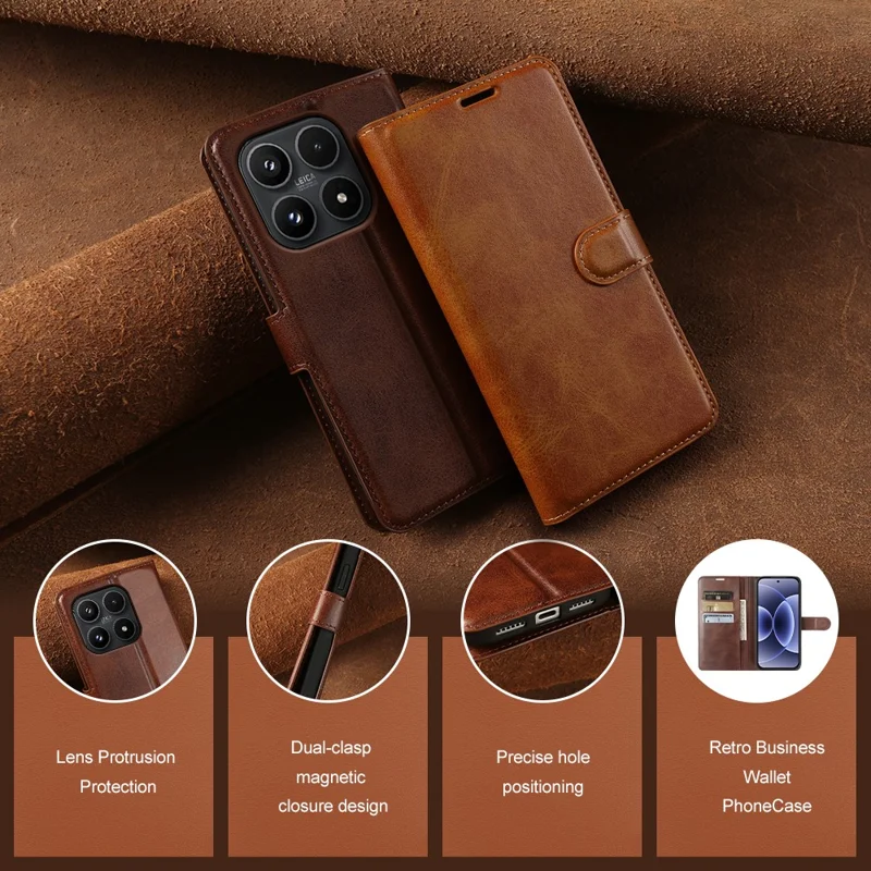 For Xiaomi 17 Case Stand Wallet Calf Texture PU Leather Flip Phone Cover - Brown