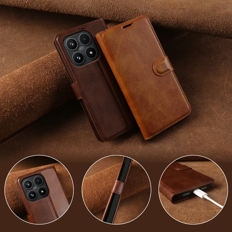 For Xiaomi 17 Case Stand Wallet Calf Texture PU Leather Flip Phone Cover - Brown