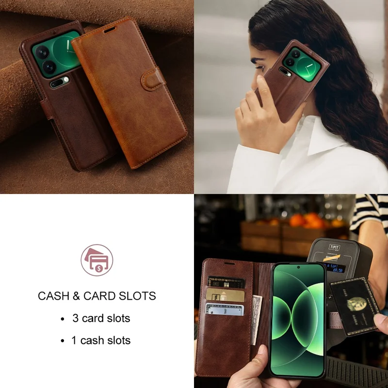 For Xiaomi 17 Pro Case Stand Wallet Calf Texture PU Leather Flip Phone Cover - Brown