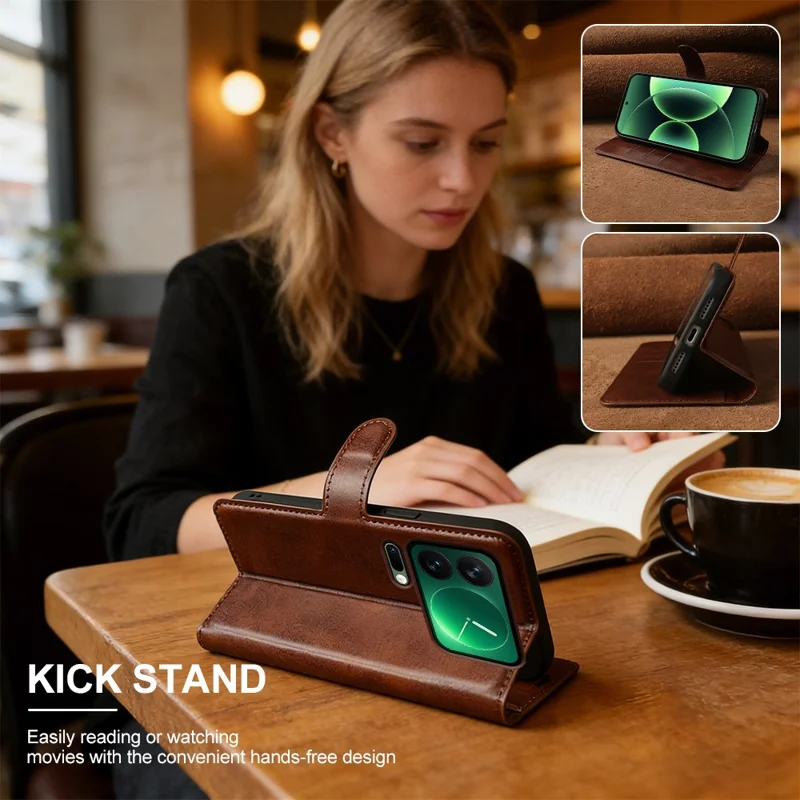 Cover con supporto portafoglio per Xiaomi 17 Pro Max, custodia pieghevole in ecopelle con texture a vitello - Marrone