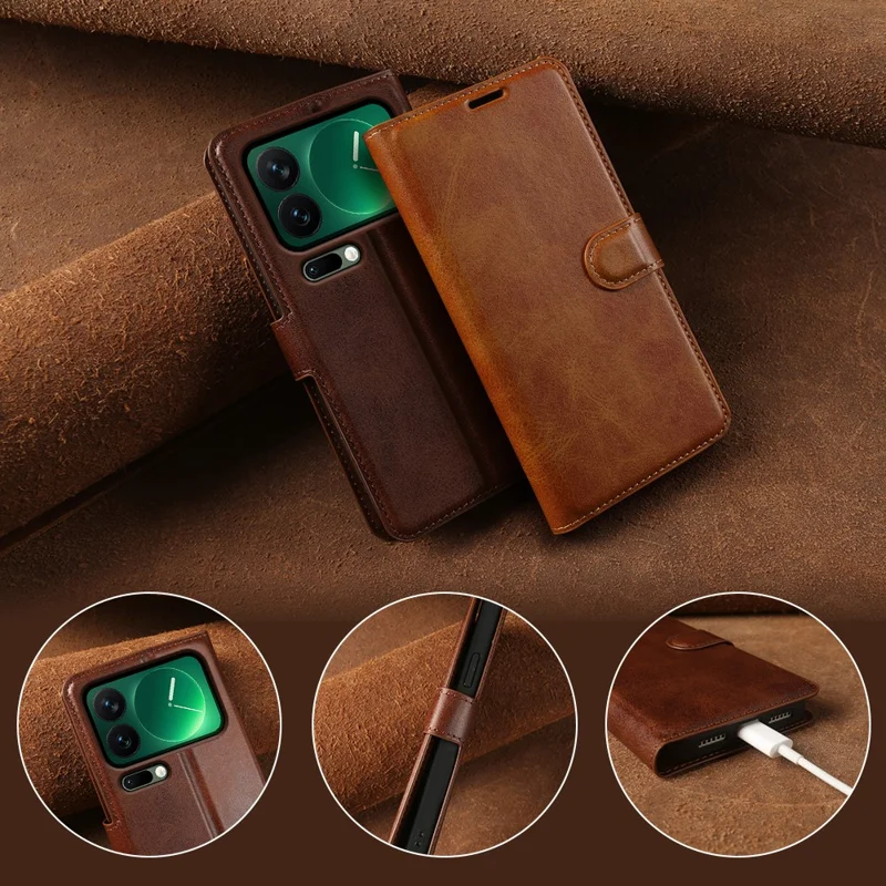 Cover con supporto portafoglio per Xiaomi 17 Pro Max, custodia pieghevole in ecopelle con texture a vitello - Marrone