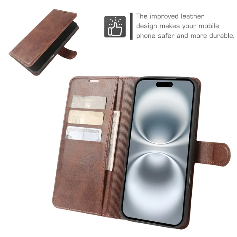 Capa Carteira com Suporte para iPhone 16, Capa de Couro Sintético com Textura de Bezerro - Marrom