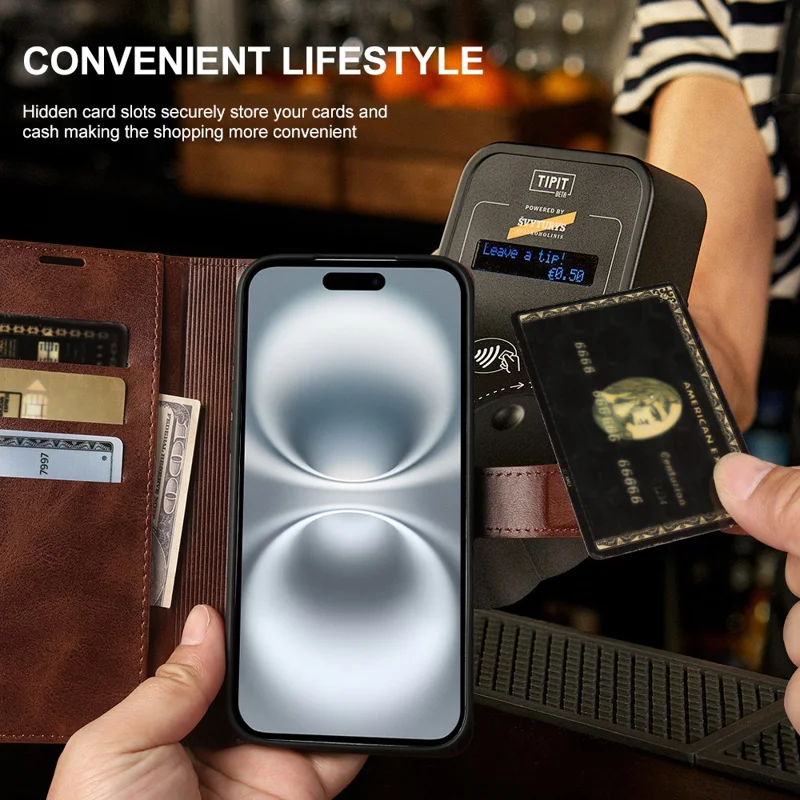 Capa Carteira com Suporte para iPhone 16, Capa de Couro Sintético com Textura de Bezerro - Marrom