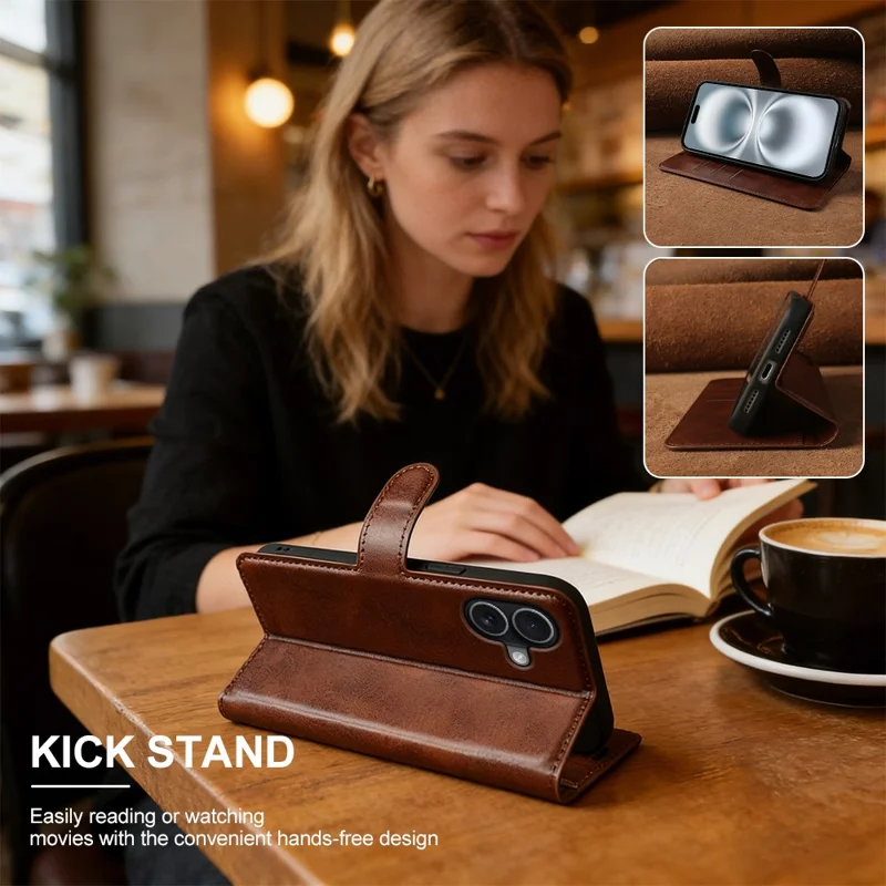 Capa Carteira com Suporte para iPhone 16, Capa de Couro Sintético com Textura de Bezerro - Marrom