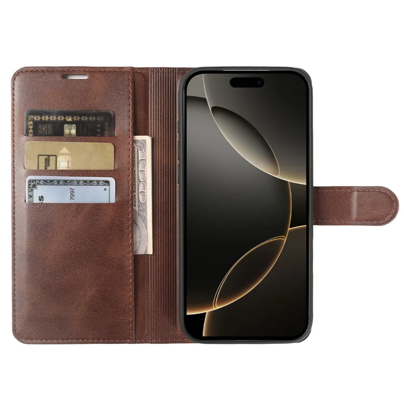 For iPhone 16 Pro Case Stand Wallet Calf Texture PU Leather Flip Phone Cover - Brown