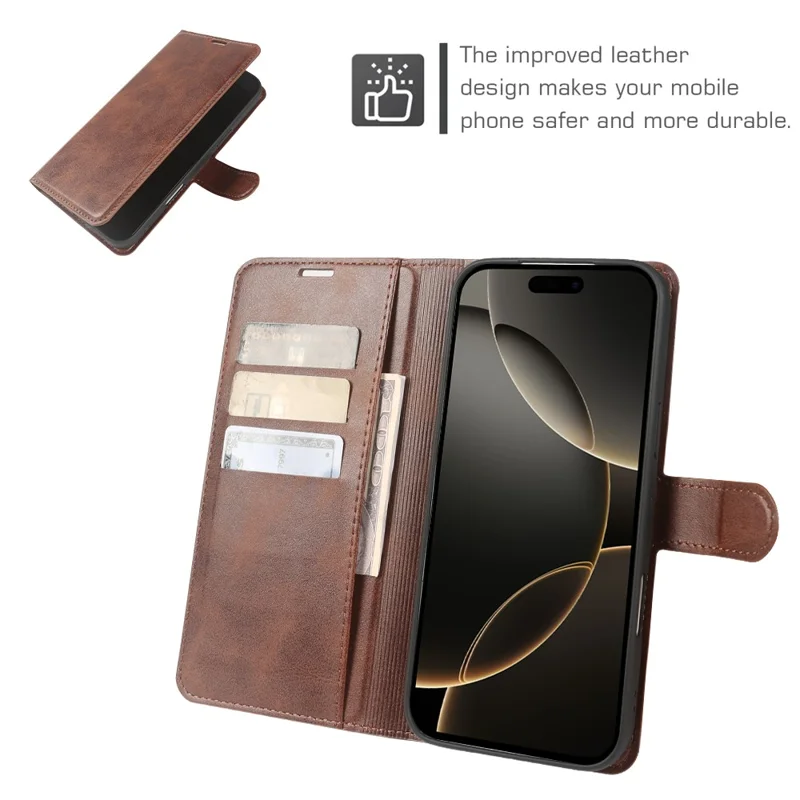 For iPhone 16 Pro Case Stand Wallet Calf Texture PU Leather Flip Phone Cover - Brown