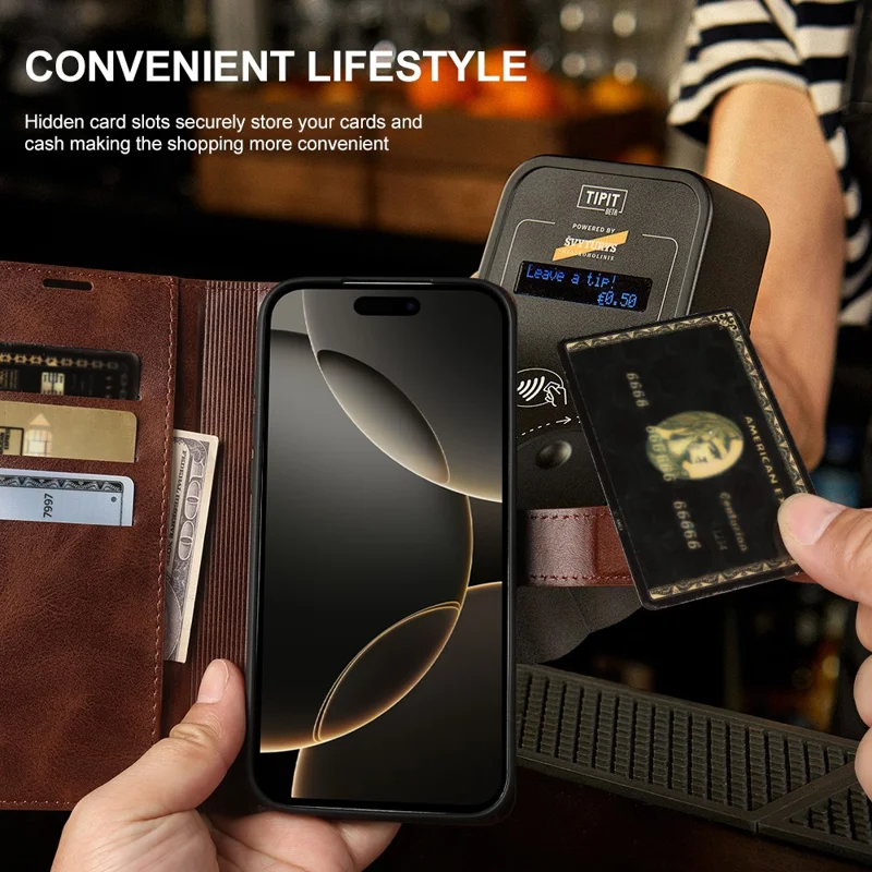 For iPhone 16 Pro Case Stand Wallet Calf Texture PU Leather Flip Phone Cover - Brown