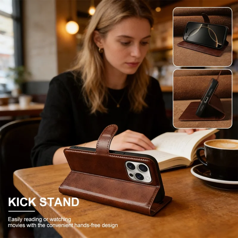 For iPhone 16 Pro Case Stand Wallet Calf Texture PU Leather Flip Phone Cover - Brown