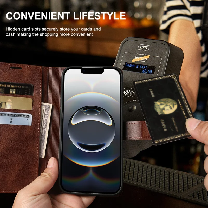 Für iPhone 17e / 16e Tasche Ständer Brieftasche Kalbsleder-Optik PU-Leder Klapptasche - Braun